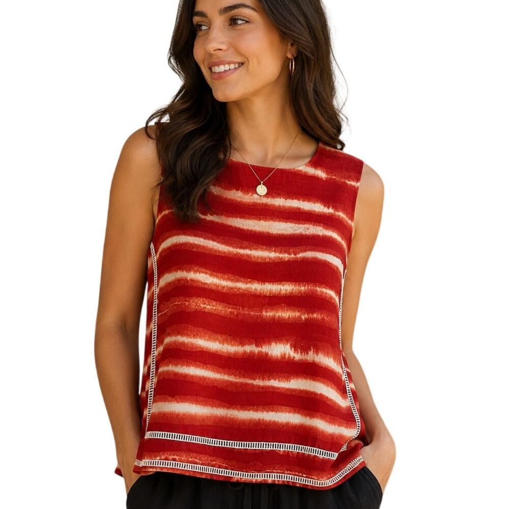 Donna Karan Tie Dye Top Womens Medium Red Orange Sleeveless Ladder Lace Tank